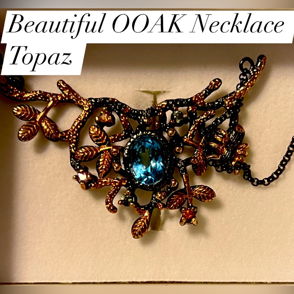OOAK Statement necklace Genuine Blue Topaz & citrine Solid Sterling w/rose gold